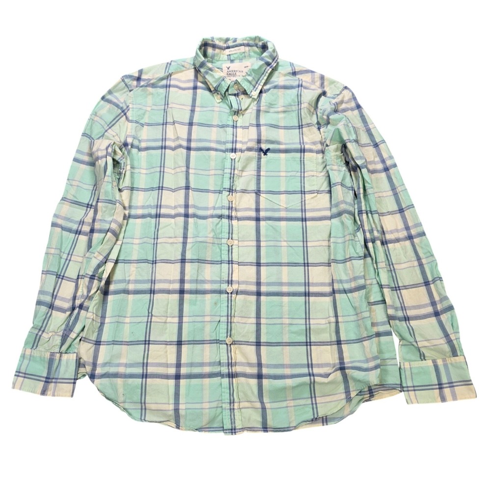 American Eagle Outfitters Athletic Fit Plaid Button Down Shirt Mens Size L Mint